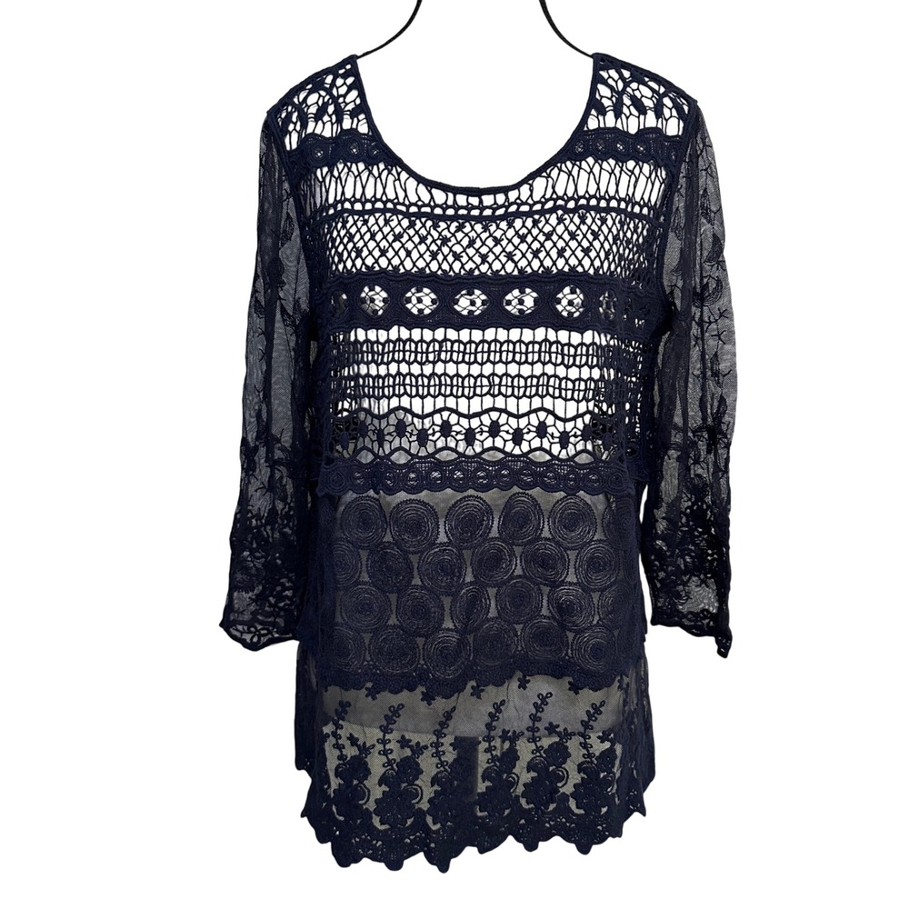 Chico's Sheer Lace Crochet Tunic Top Womens 1 Navy Blue Boho Coastal Cottagecore